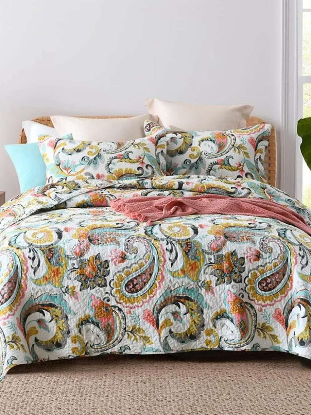 Cotton Bedspread Quilt Sets, 3 Pieces Reversible Comforter Coverlet Sets,White F